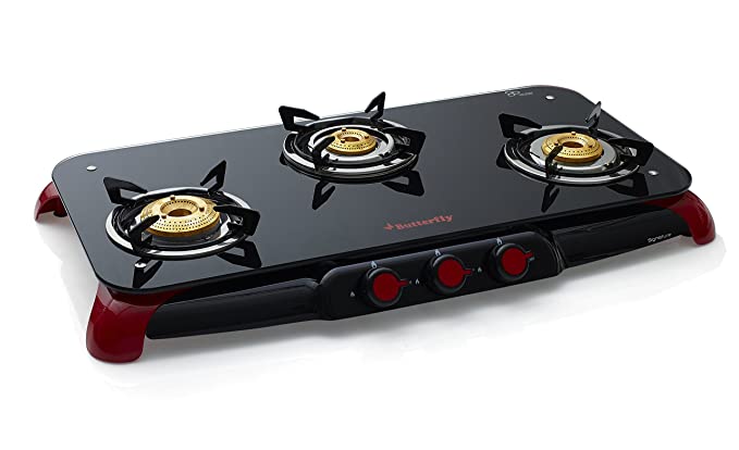 Butterfly Signature Glass Top 3 Burner Gas Stove, Manual Ignition, Black/Red Butterfly Signature Glass Top 3 Burner Gas Stove, Manual Ignition, Black/Red